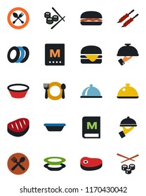 Color and black flat icon set - spoon and fork vector, dish, cafe, menu, plates, waiter, steak, kebab, hamburger, bowl, sushi