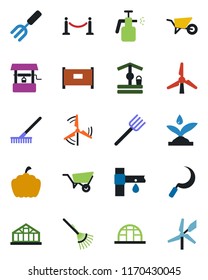 Color and black flat icon set - fence vector, garden fork, farm, rake, wheelbarrow, well, sickle, pumpkin, greenhouse, sprayer, drip irrigation, windmill