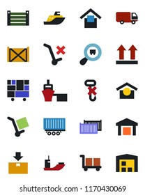 Color and black flat icon set - sea shipping vector, truck trailer, cargo container, car delivery, port, consolidated, warehouse storage, up side sign, no trolley, hook, package, search