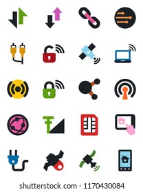 Color and black flat icon set - wireless notebook vector, satellite, network, share, chain, rca, sim, data exchange, cellular signal, power plug, lock, home control app