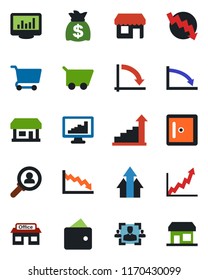 Color and black flat icon set - checkroom vector, growth statistic, money bag, crisis graph, store, monitor statistics, hr, consumer search, arrow up, wallet, cart, storefront