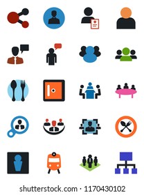 Color and black flat icon set - spoon and fork vector, train, male, checkroom, speaking man, meeting, patient, group, user, company, hr, consumer search, social media, hierarchy