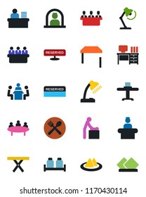 Color and black flat icon set - baby room vector, reception, desk, meeting, picnic table, manager, lamp, restaurant, serviette, cafe, reserved, salt and pepper