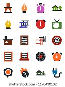 Color and black flat icon set - alarm clock vector, abacus, stamp, fireplace, film frame, vinyl, flame disk, ink pen, house with tree, tv, power plug