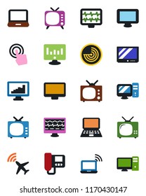 Color and black flat icon set - plane radar vector, wireless notebook, pc, statistic monitor, pulse, tv, touch screen, laptop, statistics, intercome