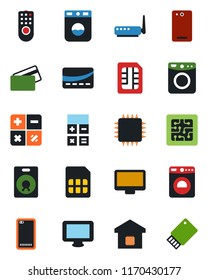 Color and black flat icon set - washer vector, calculator, monitor, speaker, phone back, sim, smart home, credit card, chip, remote control, router, usb flash