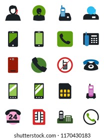 Color and black flat icon set - no mobile vector, phone, office, 24 hours, support, cell, radio, back, call, sim