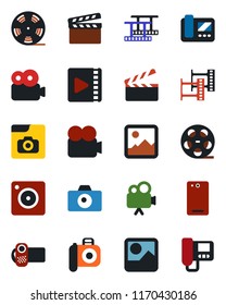 Color and black flat icon set - camera vector, clapboard, film frame, reel, video, phone back, mobile, gallery, photo, intercome