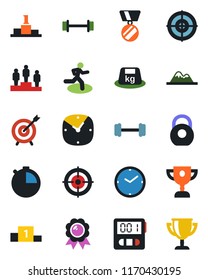 Color and black flat icon set - pedestal vector, medal, barbell, run, heavy, clock, stopwatch, target, mountains, award cup