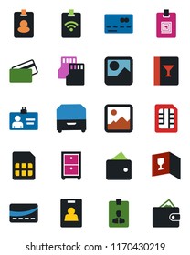 Color and black flat icon set - credit card vector, identity, gallery, sd, sim, archive box, wine, pass, wallet