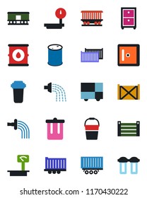 Color and black flat icon set - trash bin vector, checkroom, bucket, watering, railroad, truck trailer, cargo container, consolidated, oil barrel, heavy scales, archive box, water filter