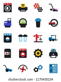 Color and black flat icon set - coffee machine vector, washer, fork loader, gear, ripper, lawn mower, tomography, printer, copier, crane, water filter, combination lock