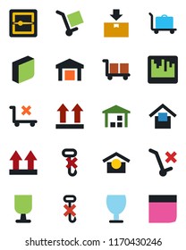 Color and black flat icon set - baggage trolley vector, fragile, cargo, warehouse storage, up side sign, no, hook, package, scanner, blank box