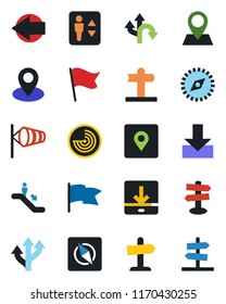 Color and black flat icon set - elevator vector, escalator, left arrow, wind, radar, route, signpost, pin, download, place tag, compass, flag, guidepost