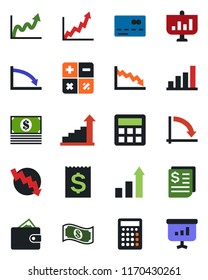 Color and black flat icon set - credit card vector, growth statistic, calculator, crisis graph, receipt, bar, wallet, cash, presentation