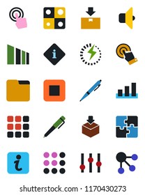 Color and black flat icon set - package vector, sorting, settings, touch screen, stop button, menu, folder, charge, application, pen, sound, information, social media