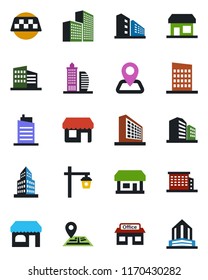 Color and black flat icon set - taxi vector, shop, office building, garden light, navigation, store, city house, storefront