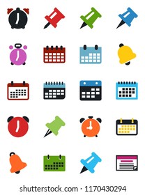 Color and black flat icon set - alarm clock vector, drawing pin, calendar, term, paper, bell, schedule