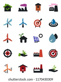 Color and black flat icon set - factory vector, bird house, target, sun panel, windmill, eco, water, palm sproute