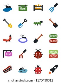 Color and black flat icon set - job vector, garden fork, shovel, lady bug, caterpillar, pond, rack, rent, bacon, open close, rocket