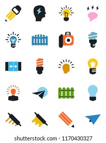 Color and black flat icon set - automatic door vector, brainstorm, bulb, camera, pencil, fence, rolling pin, energy saving, shining head, idea, paper plane
