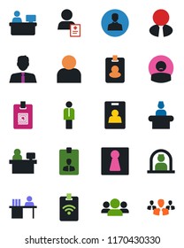 Color and black flat icon set - female vector, reception, manager, identity card, place, patient, user, desk, estate agent, pass, group