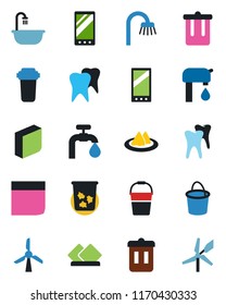 Color and black flat icon set - trash bin vector, bucket, tooth, mobile, blank box, water supply, bathroom, serviette, filter, windmill
