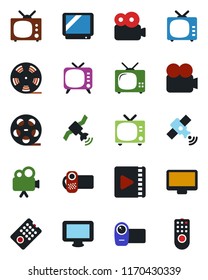 Color and black flat icon set - tv vector, reel, satellite, video camera, monitor, remote control