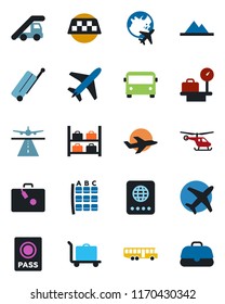 Color and black flat icon set - plane vector, runway, taxi, suitcase, baggage trolley, airport bus, passport, ladder car, helicopter, seat map, luggage storage, scales, globe, mountains, case