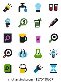 Color and black flat icon set - document search vector, bulb, blood test vial, thermometer, ampoule, cargo, torch, water supply, estate, phyto bar, beer, energy saving, money, idea, flask