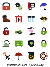Color and black flat icon set - plane radar vector, security gate, umbrella, trash bin, safe, lock, boot, hose, heart shield, hand, eye id, estate insurance, intercome, water filter, palm sproute