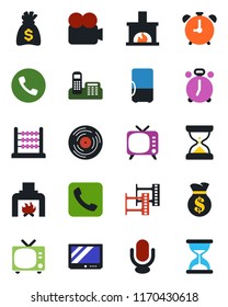 Color and black flat icon set - alarm clock vector, phone, tv, money bag, film frame, vinyl, video camera, microphone, call, abacus, office, fireplace, fridge, sand