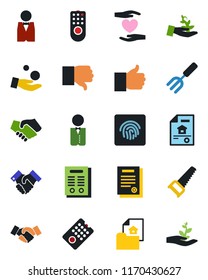 Color and black flat icon set - handshake vector, garden fork, saw, heart hand, finger up, down, fingerprint id, contract, estate document, waiter, remote control, palm sproute, investment