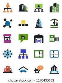 Color and black flat icon set - hierarchy vector, well, molecule, hospital, office building, garage, plan, home message