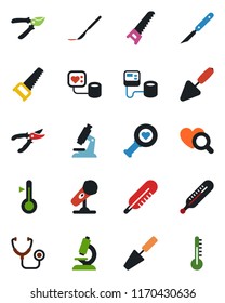 Color and black flat icon set - trowel vector, pruner, saw, stethoscope, blood pressure, thermometer, heart diagnostic, microscope, scalpel, microphone