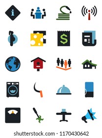 Color and black flat icon set - antenna vector, team, hose, sickle, bird house, ripper, scales, pregnancy, earth, receipt, news, meeting, with garage, washer, fridge, dish, restaurant table, cheese