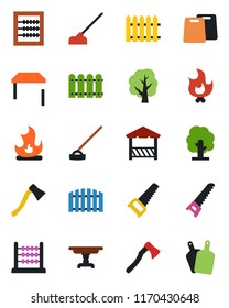 Color and black flat icon set - fence vector, tree, saw, fire, hoe, axe, abacus, table, alcove, cutting board