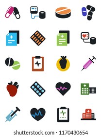 Color and black flat icon set - heart pulse vector, diagnosis, syringe, blood pressure, pills, blister, real, clipboard, hospital