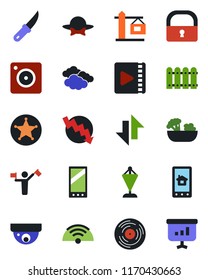 Color and black flat icon set - dispatcher vector, clouds, pennant, crisis graph, garden knife, vinyl, mobile, camera, data exchange, lock, video, fence, wireless, crane, salad, dress code, police
