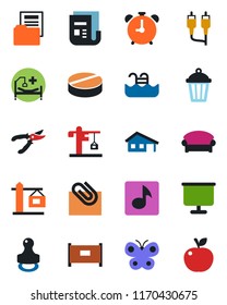 Color and black flat icon set - fence vector, alarm clock, waiting area, pruner, butterfly, garden light, pills, hospital bed, news, rca, music, presentation board, paper clip, document folder, pool