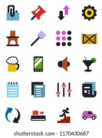 Color and black flat icon set - baggage conveyor vector, gear, notepad, document, farm fork, fireplace, container, news, speaker, mobile, menu, update, tuning, data exchange, drawing pin, paper clip