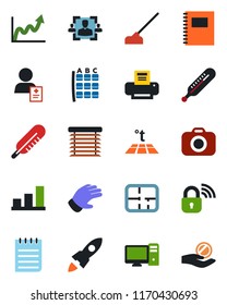 Color and black flat icon set - seat map vector, notepad, glove, hoe, thermometer, patient, camera, copybook, bar graph, hr, printer, plan, wireless lock, pc, warm floor, jalousie, rocket, growth