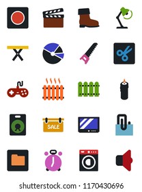 Color and black flat icon set - alarm clock vector, boot, saw, picnic table, clapboard, gamepad, tv, speaker, record, folder, cut, paper clip, pie graph, desk lamp, fence, sale, washer, heater