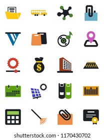 Color and black flat icon set - airport bus vector, office building, book, rake, navigation, barcode, share, calculator, brightness, music, calendar, paper clip, document folder, sun panel, pennon