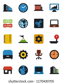 Color and black flat icon set - gear vector, notepad, heavy scales, laptop pc, settings, cut, clock, monitor statistics, archive box, office building, open close, motivation, earth, chair