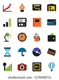 Color and black flat icon set - growth statistic vector, umbrella, barcode, camera, stopwatch, scanner, cellular signal, coffee, copybook, clock, pie graph, ink pen, desk lamp, warehouse, wallet