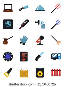 Color and black flat icon set - farm fork vector, rake, watering, glove, saw, garden knife, thermometer, microphone, laptop pc, speaker, mobile camera, fingerprint id, heater, dish, turkish coffee