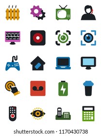 Color and black flat icon set - monitor pulse vector, support, gamepad, touch screen, laptop pc, rec button, settings, record, eye id, charge, office phone, heater, tv, smart home, remote control