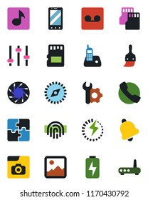 Color and black flat icon set - mobile phone vector, radio, call, camera, gallery, tuning, themes, bell, record, sd, compass, fingerprint id, music, photo, charge, application, root setup, router