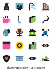 Color and black flat icon set - shower vector, office building, mouse, money bag, coffee, house, sun, sickle, molecule, heart shield, eye, chair, blank box, rooms, ladle, water, palm sproute